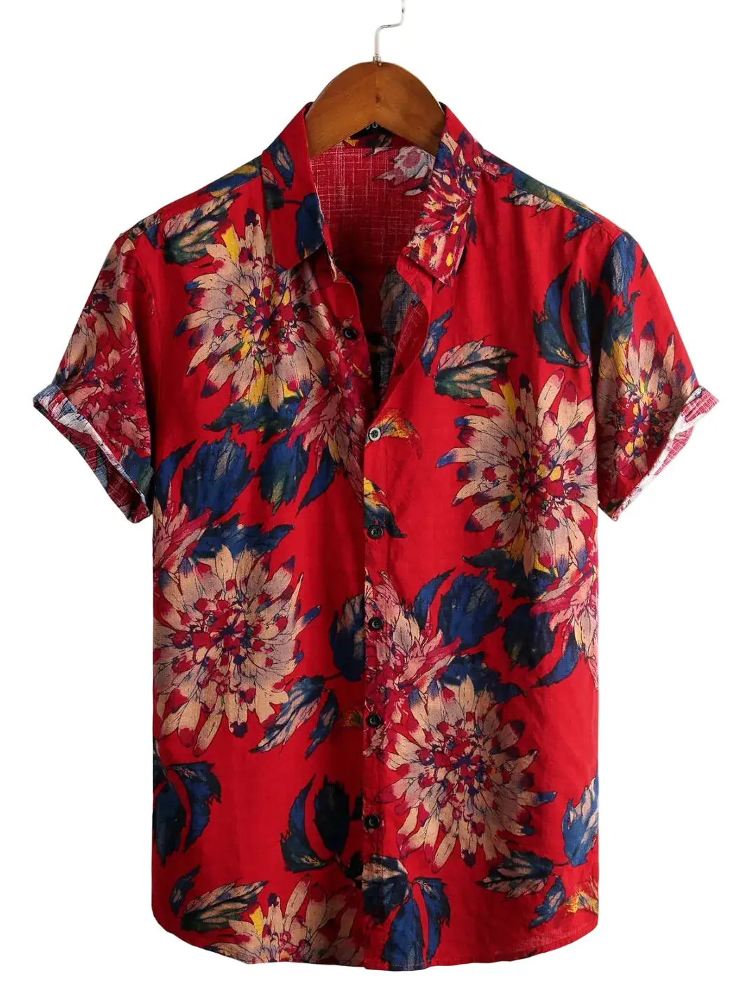 Red Retro Floral Cotton Tropical Hawaiian Shirt at Dan Flashes - Shirt - Dan Flashes - S - Crimson Bloom | DRed Retro Floral Cotton Tropical Hawaiian Shirt at Dan Flashesan Flashes